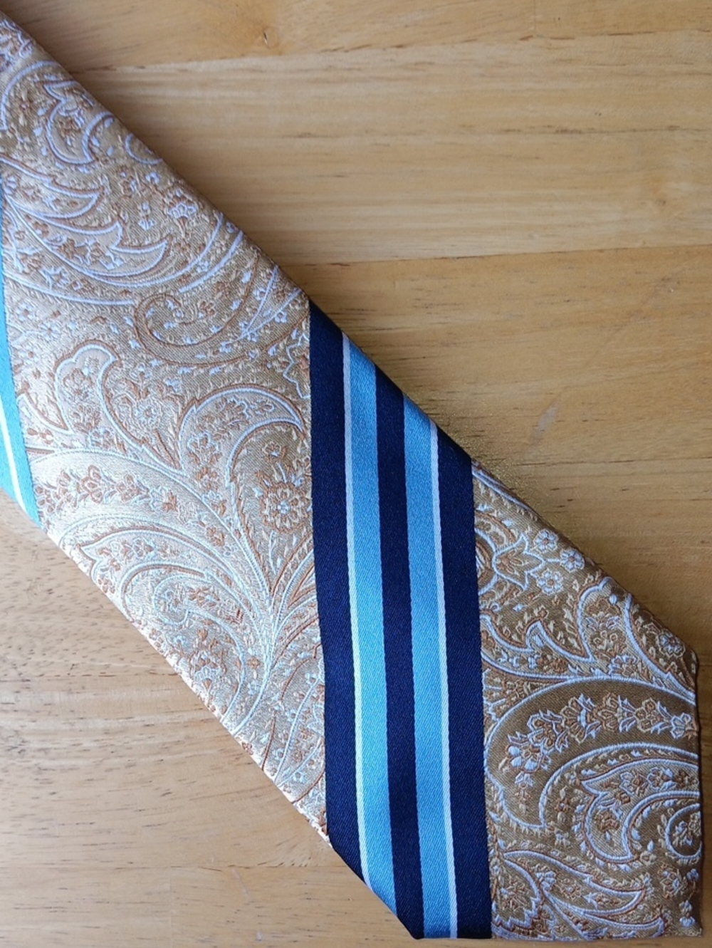 Santorelli Gold Paisley Tie with Navy and Light Blue Stripes